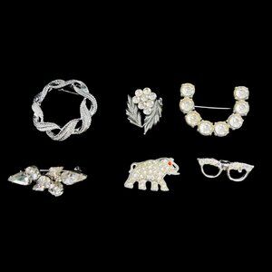 Vintage Lot Of 6 Silver Tone Brooches (5205)
